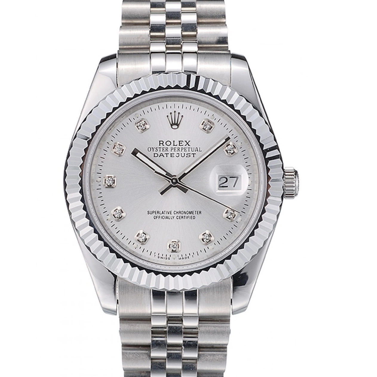 MiroTime 0716 Rolex Swiss DateJust Stainless Steel Ribbed Bezel Silver Dial 41996
